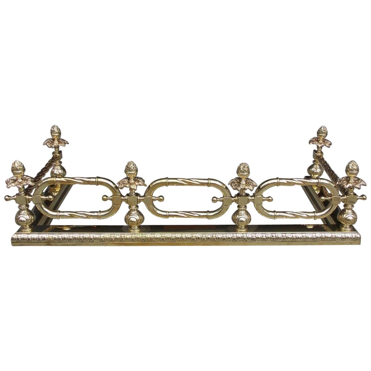 American Brass and Flanking Foliage Finial Rope Fire Place Fender, Circa 1820