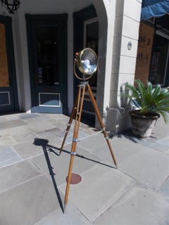 American Brass and Oak Swivel Spot Light on Telescopic Tripod Stand, Circa 1880