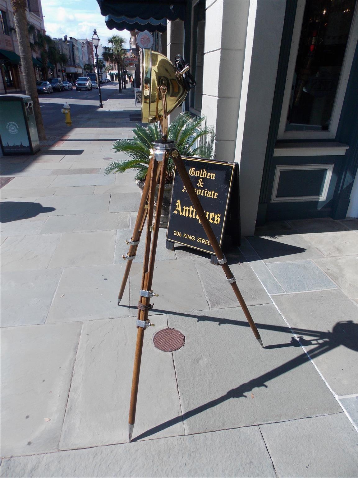 Hand-Carved American Brass and Oak Swivel Spot Light on Telescopic Tripod Stand, Circa 1880 For Sale