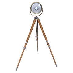 American Brass and Oak Swivel Spot Light on Telescopic Tripod Stand, Circa 1880