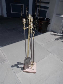 American Brass and Polished Steel Fire Tools on Marble Stand, Phila. Circa 1820
