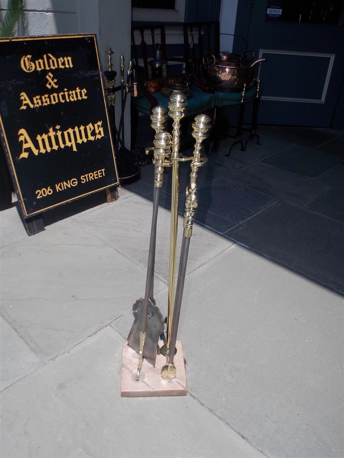American Empire American Brass and Polished Steel Fire Tools on Marble Stand, Phila. Circa 1820