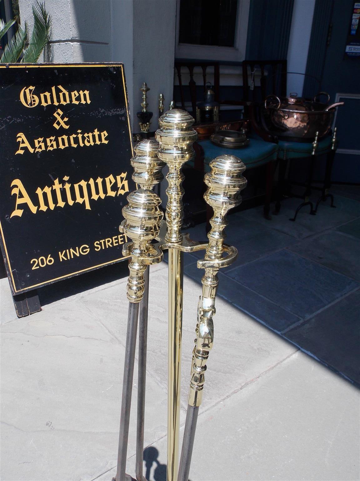 Hand-Carved American Brass and Polished Steel Fire Tools on Marble Stand, Phila. Circa 1820