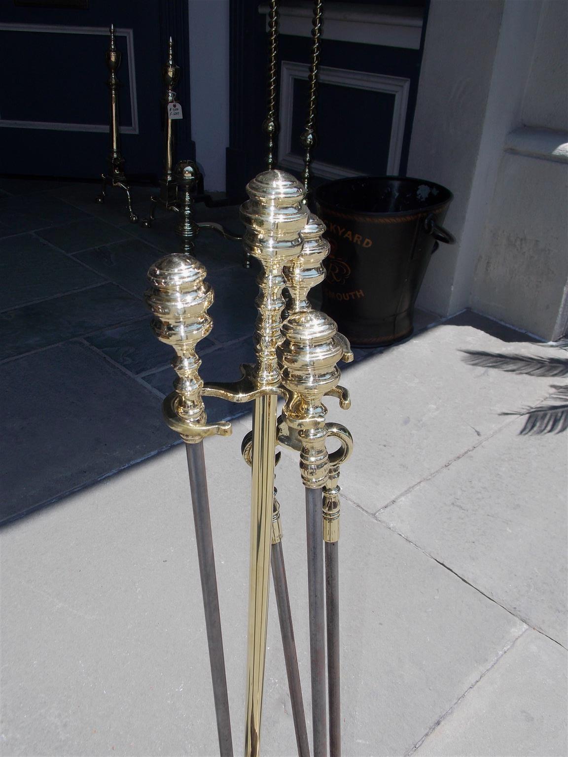 American Brass and Polished Steel Fire Tools on Marble Stand, Phila. Circa 1820 In Excellent Condition In Hollywood, SC