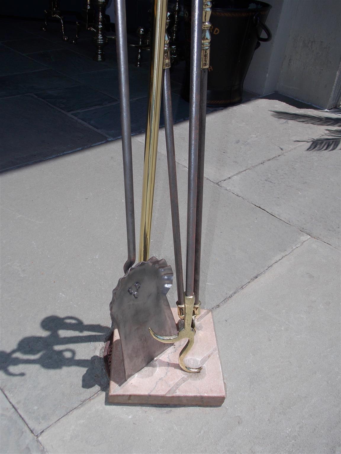 Early 19th Century American Brass and Polished Steel Fire Tools on Marble Stand, Phila. Circa 1820