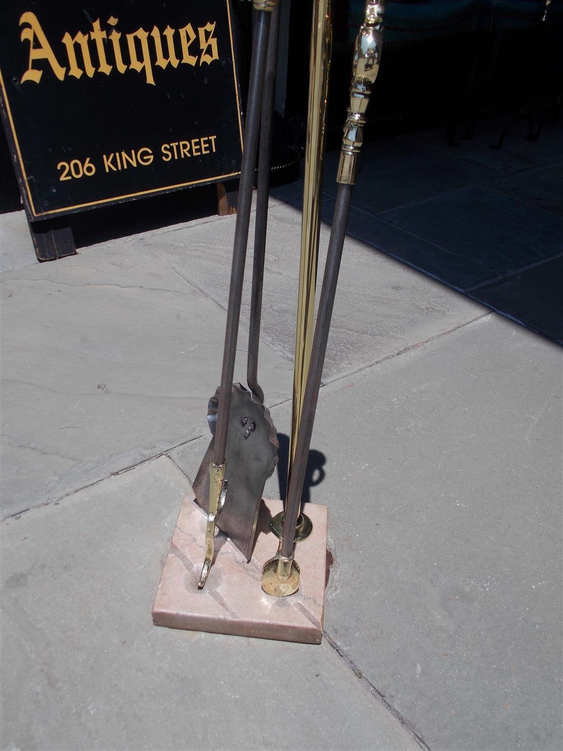 American Brass and Polished Steel Fire Tools on Marble Stand, Phila. Circa 1820 1