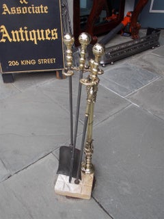 American Brass and Polished Steel Fireplace Tools on Marble Stand, Circa 1800