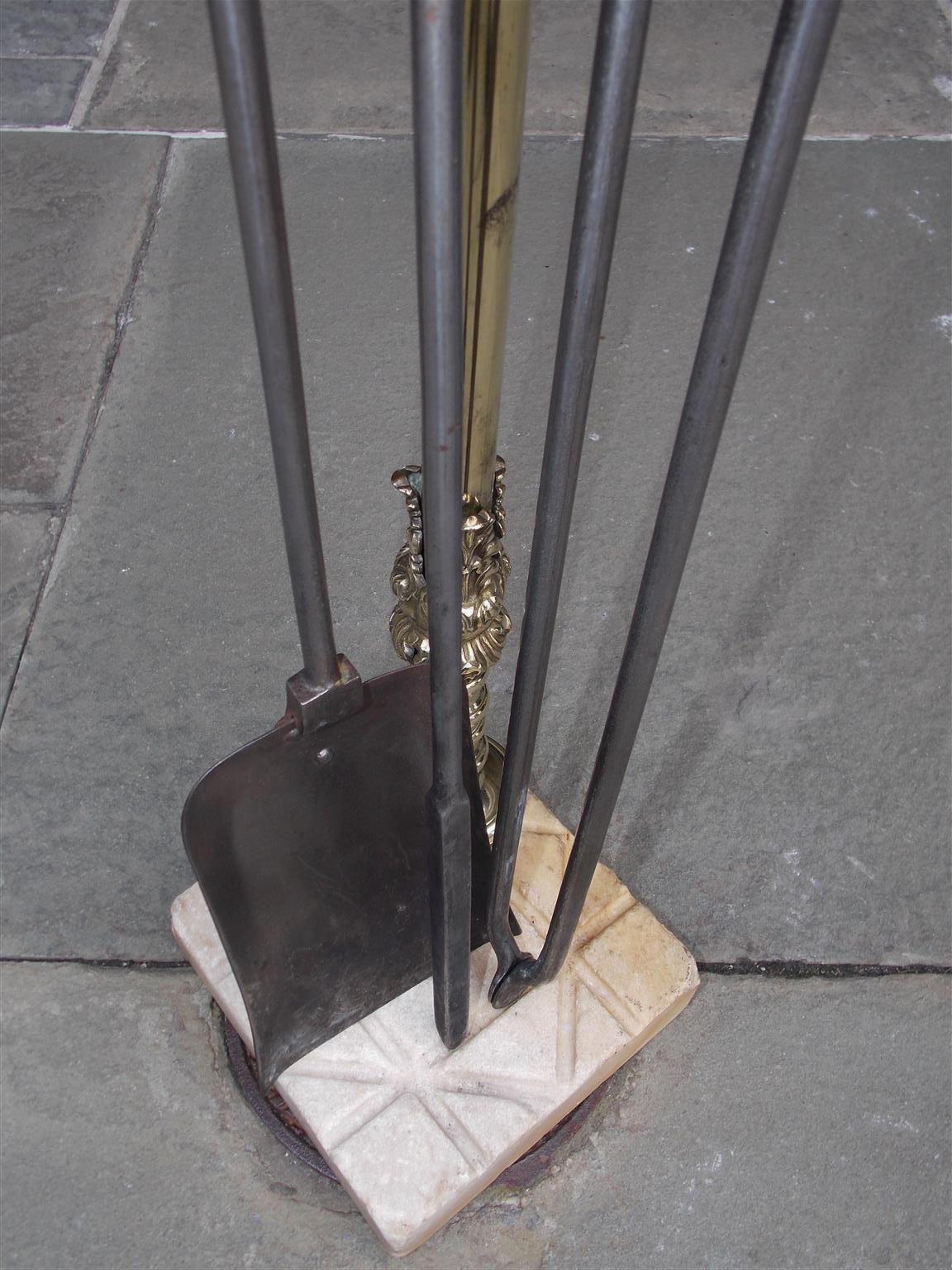 American Colonial American Brass and Polished Steel Fireplace Tools on Marble Stand, Circa 1800