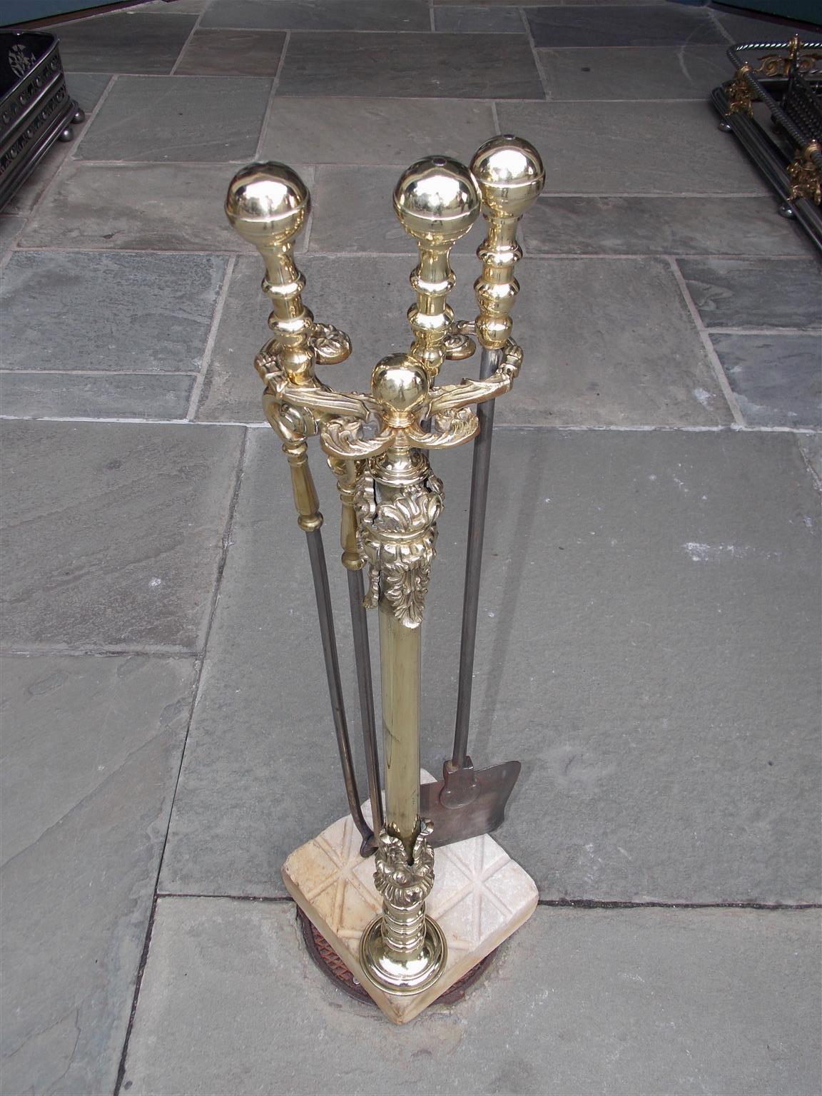 Hand-Carved American Brass and Polished Steel Fireplace Tools on Marble Stand, Circa 1800