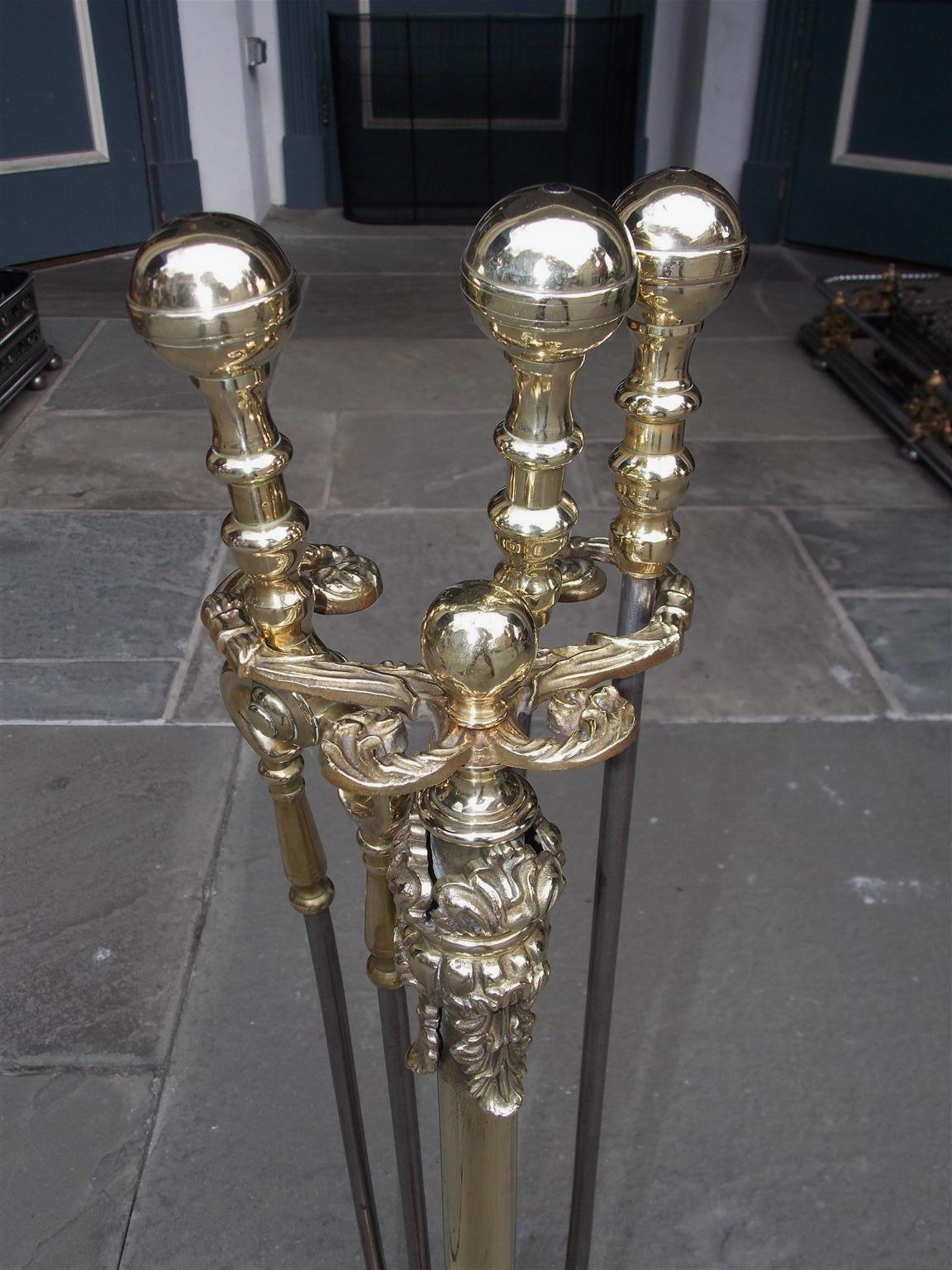 American Brass and Polished Steel Fireplace Tools on Marble Stand, Circa 1800 In Excellent Condition In Hollywood, SC