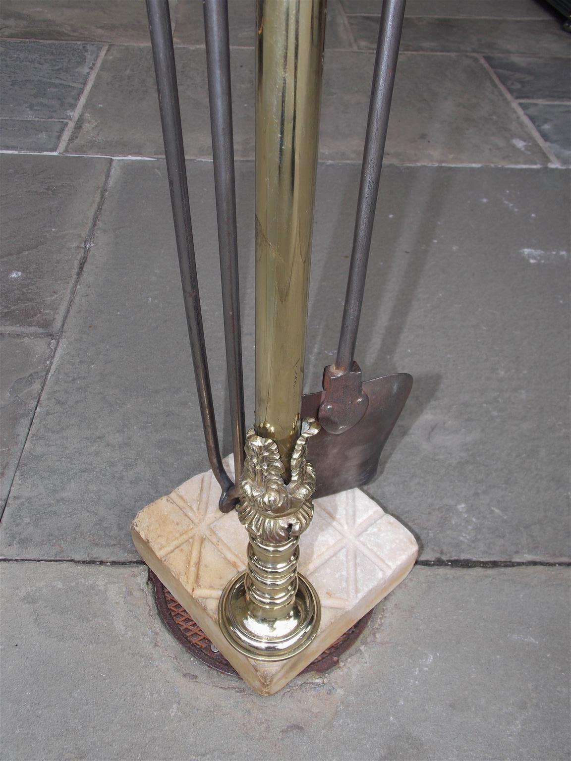Early 19th Century American Brass and Polished Steel Fireplace Tools on Marble Stand, Circa 1800