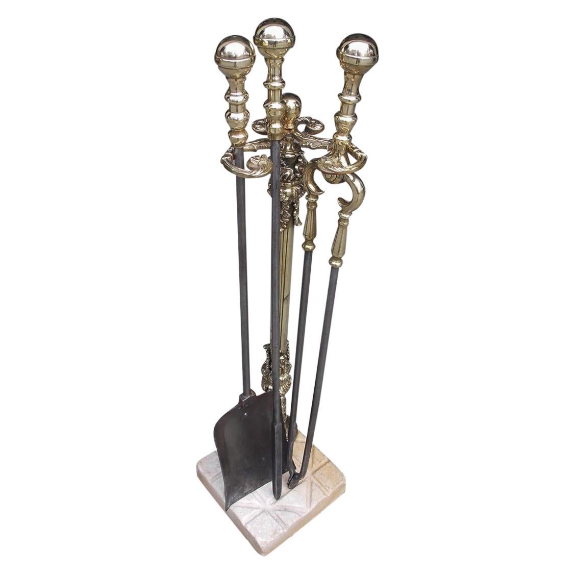 American Brass and Polished Steel Fireplace Tools on Marble Stand, Circa 1800