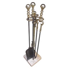 Antique American Brass and Polished Steel Fireplace Tools on Marble Stand, Circa 1800