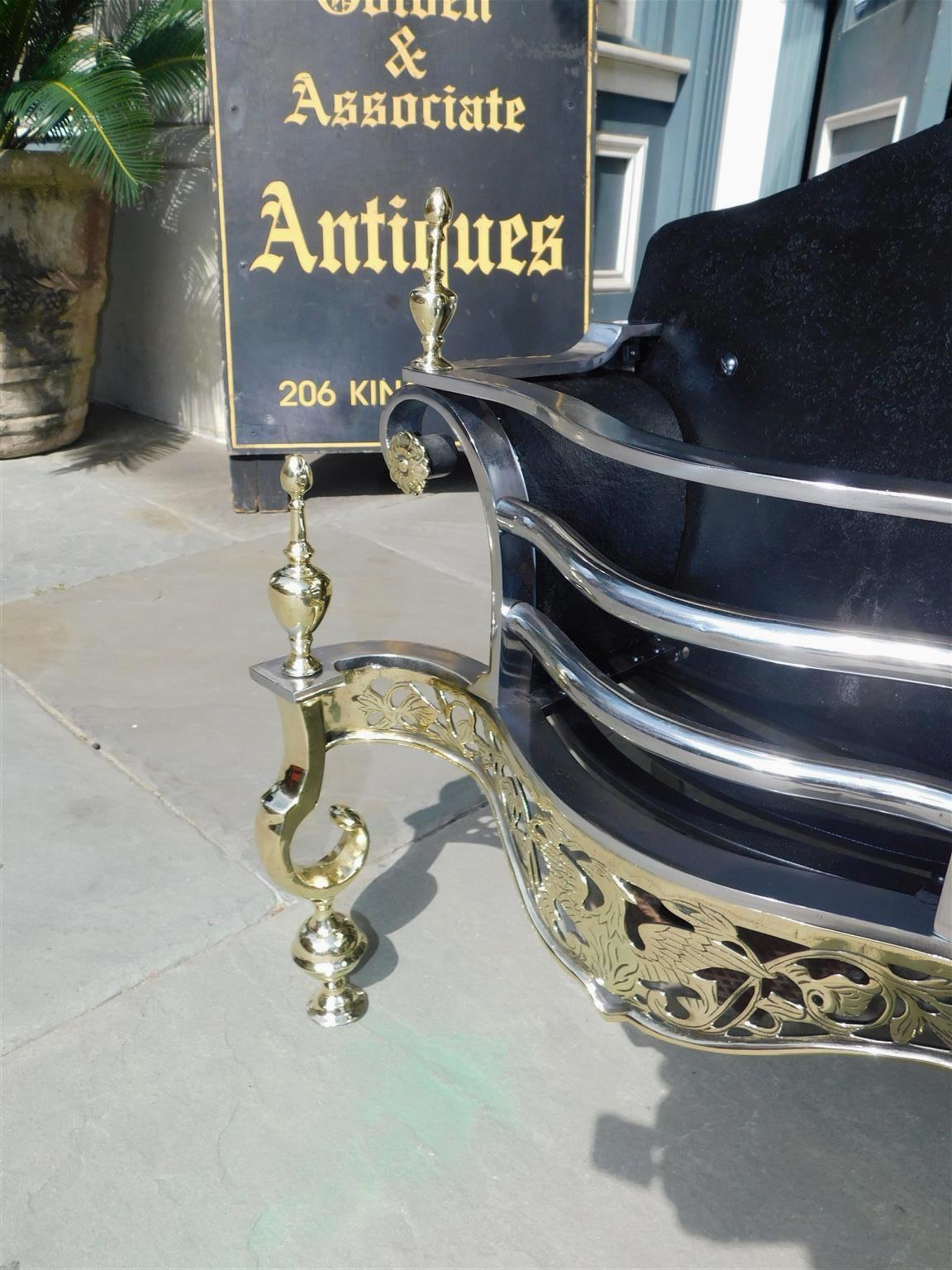 American Empire American Brass and Polished Steel Urn Finial Chased Eagle Fire Coal Grate C 1820 For Sale