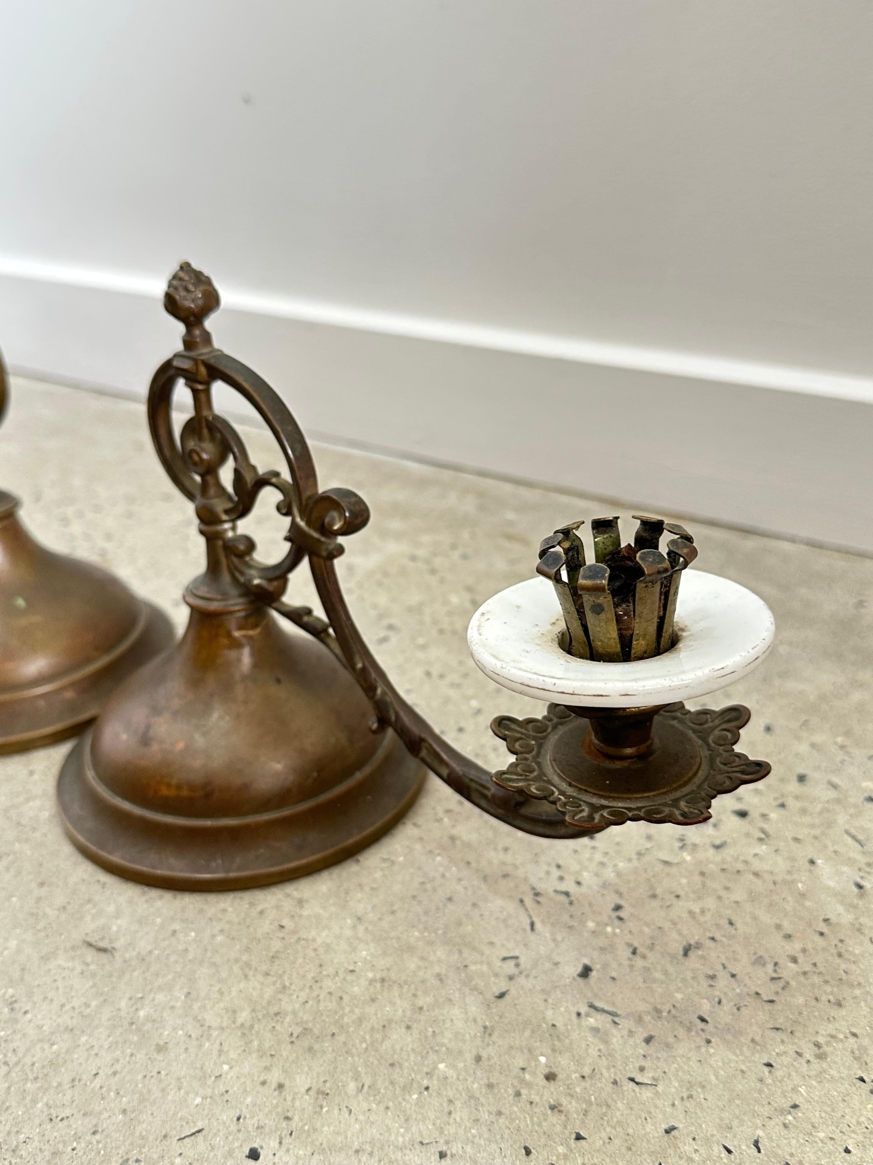 American Brass and Porcelain Turnable Candle Holders, 1800 In Good Condition For Sale In Byron Bay, NSW