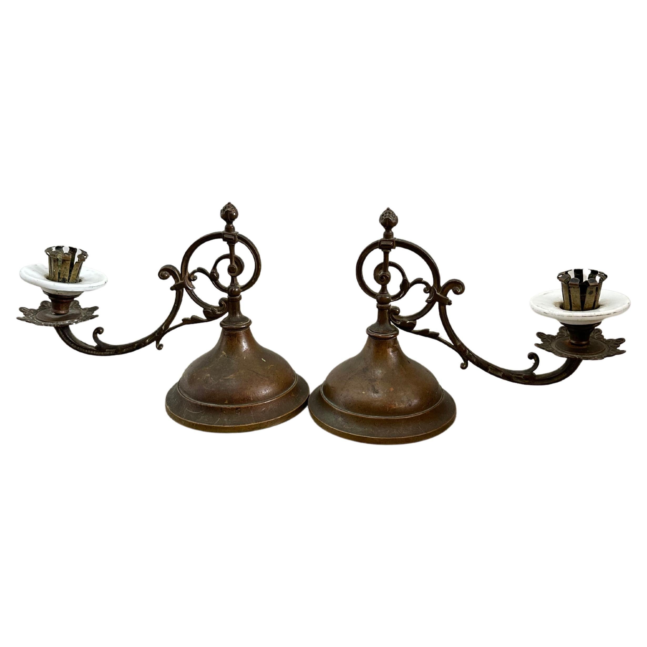American Brass and Porcelain Turnable Candle Holders, 1800 For Sale