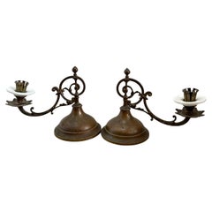 Antique American Brass and Porcelain Turnable Candle Holders, 1800