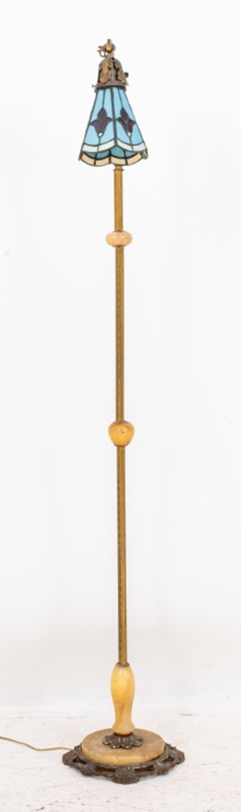 American Brass and Stained Glass Floor Lamp, 1920s 1