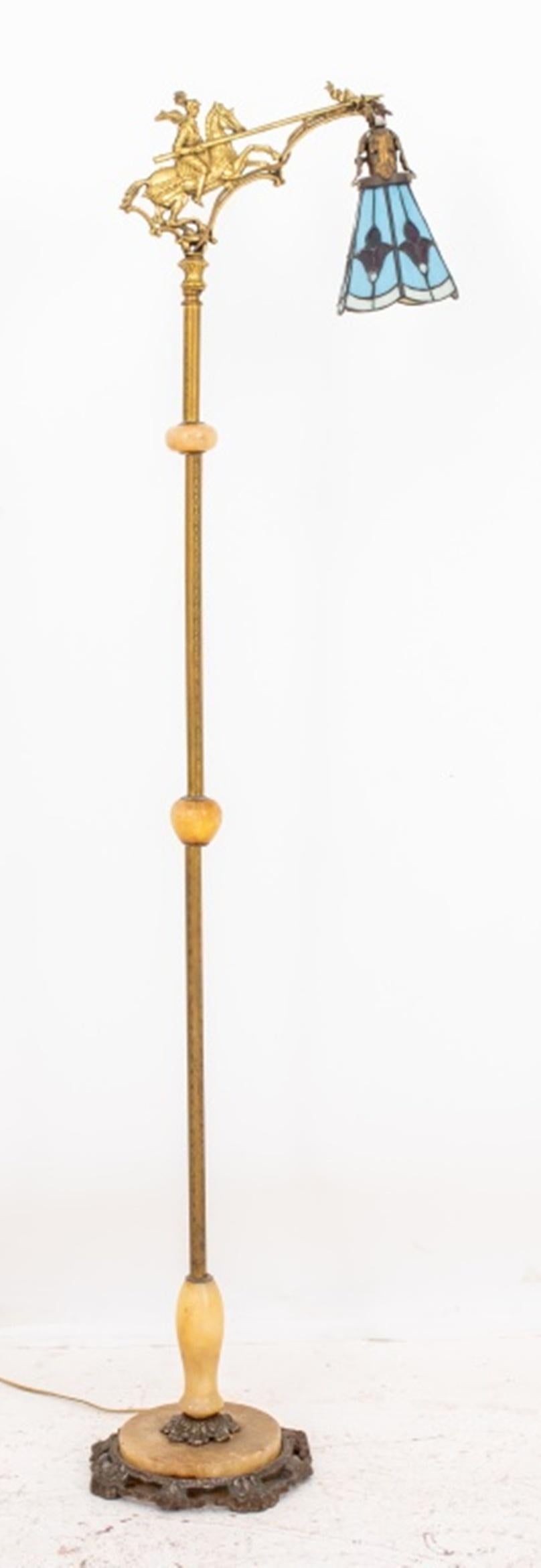 American Brass and Stained Glass Floor Lamp, 1920s 2