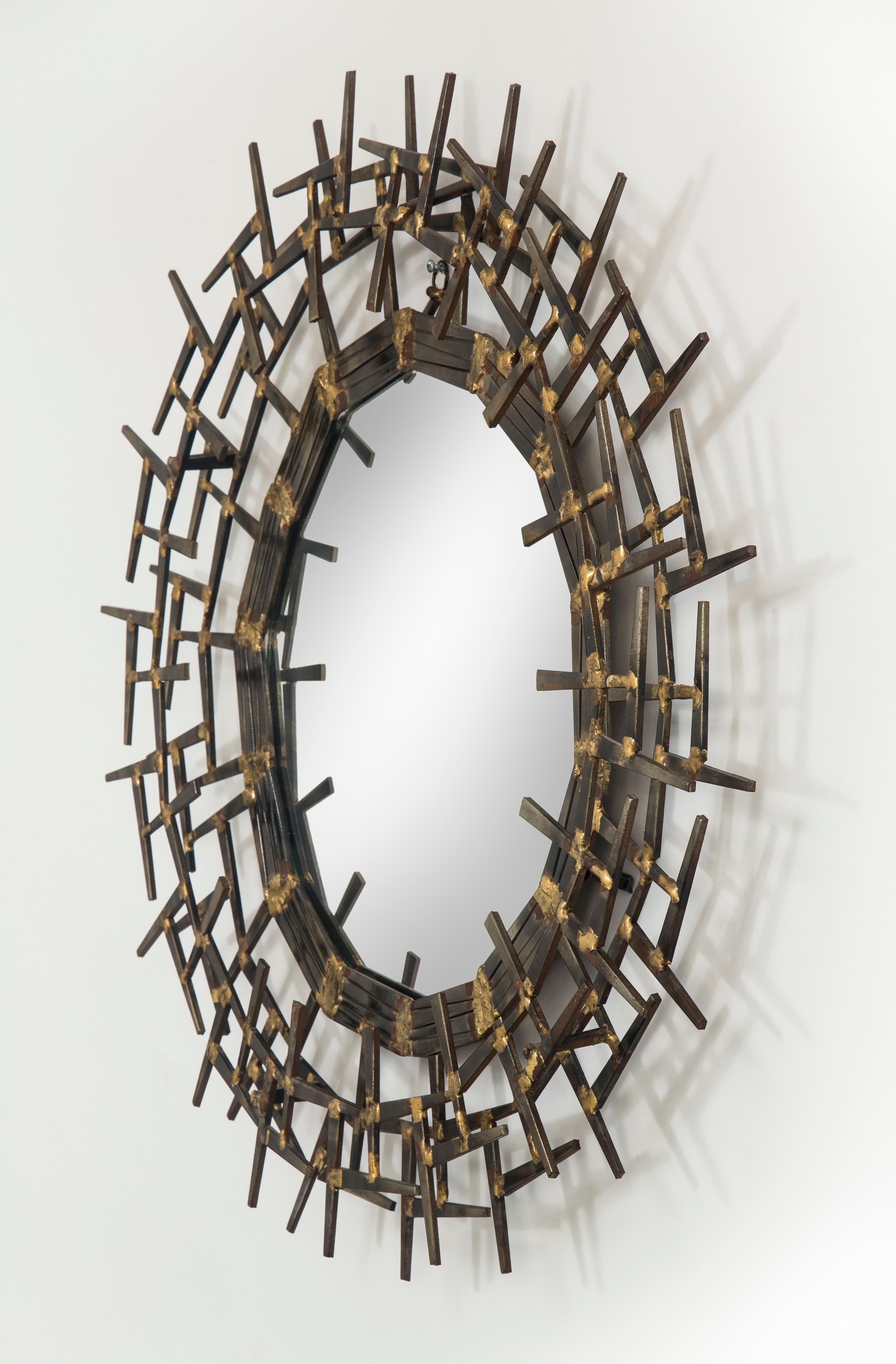 Modern American Brass Brutalist Sunburst Mirror