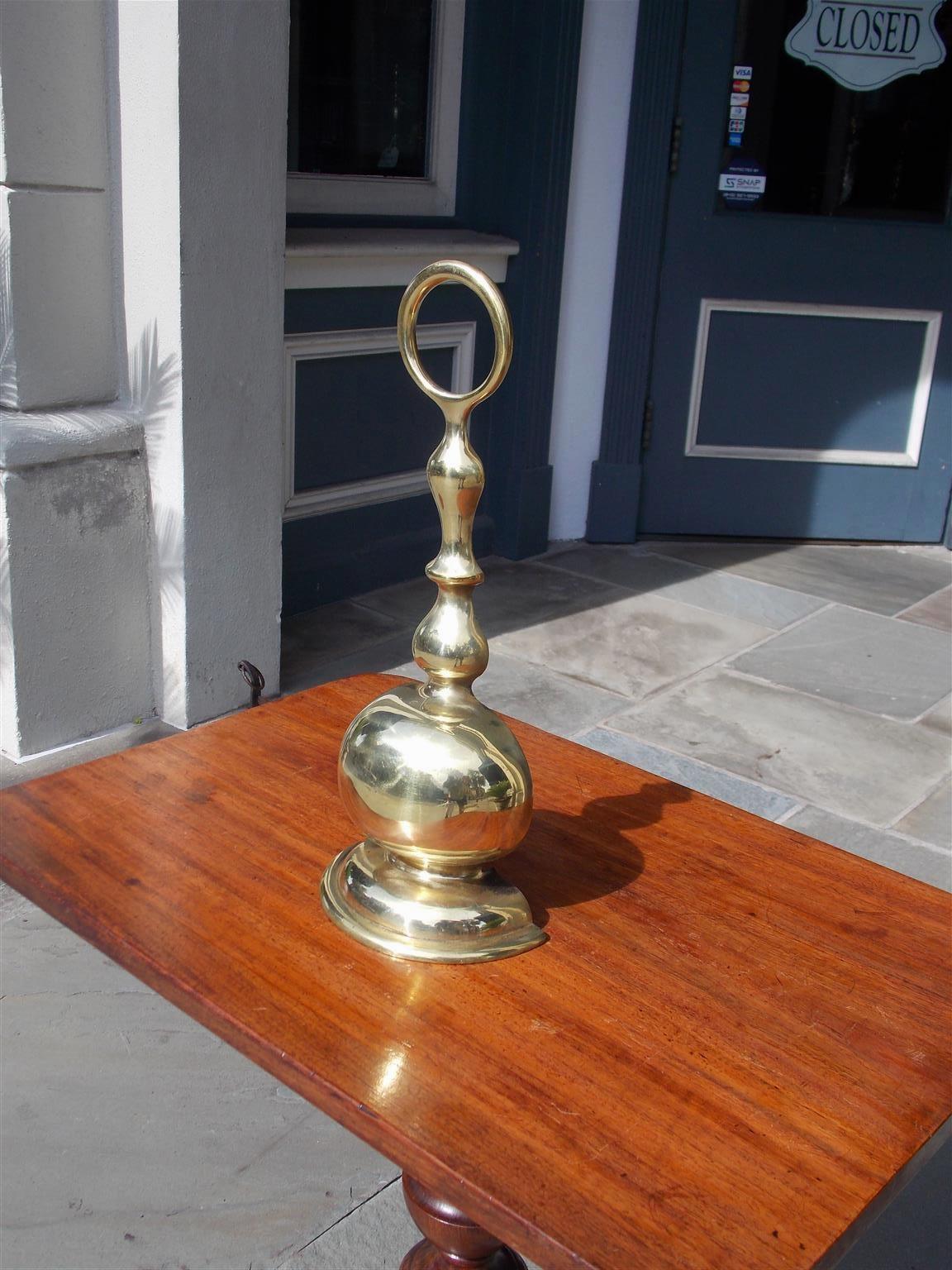 American Colonial American Brass & Cast Iron Bulbous Door Stop with Centered Ring Handle, C. 1800