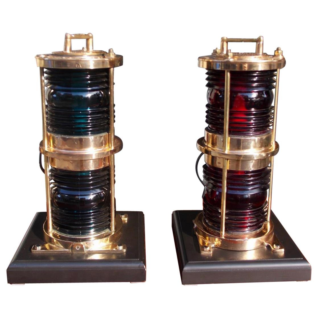 Pair of American Brass Double Stacked Maritime Beacons Mounted on Bases. C. 1880