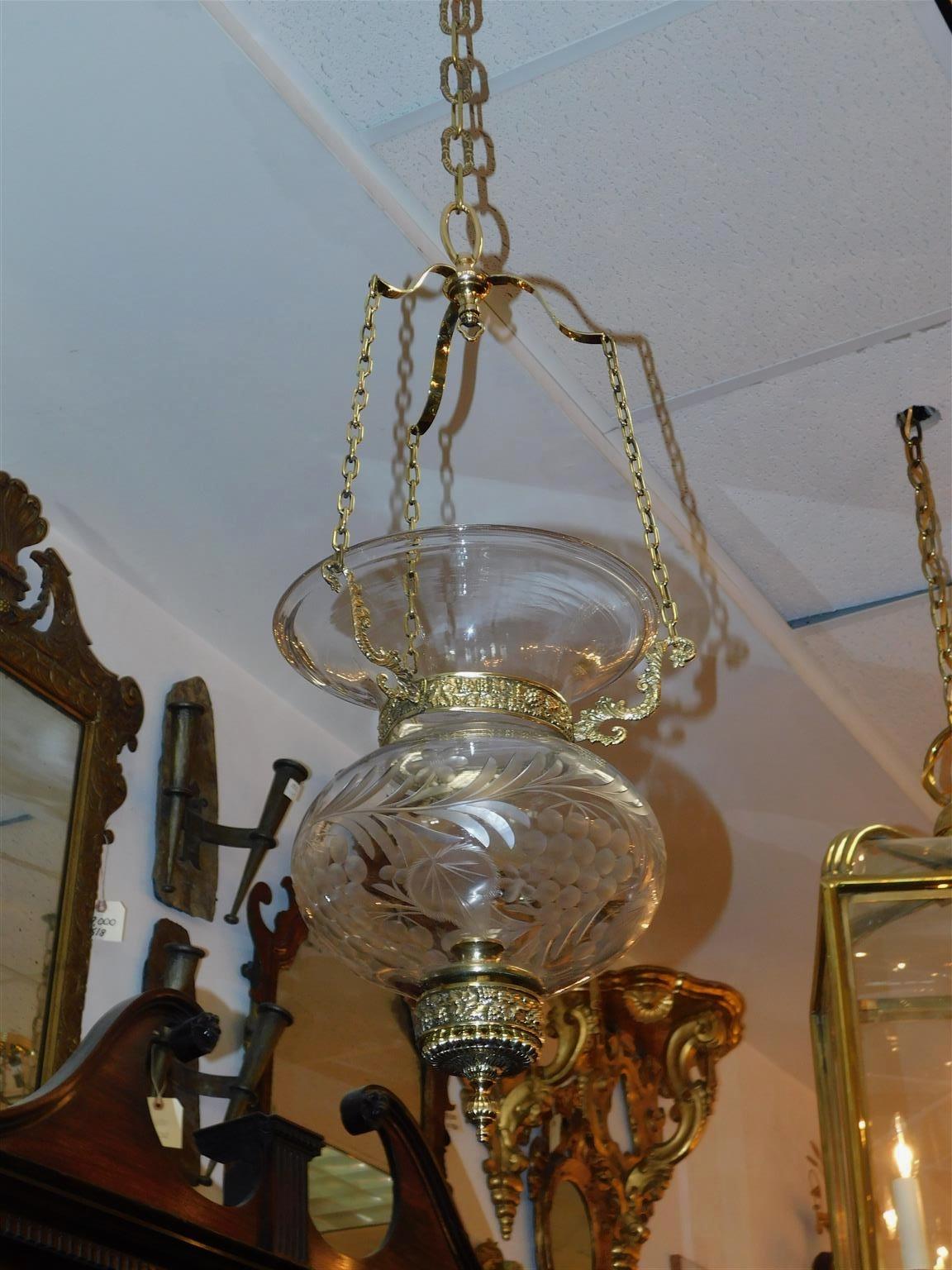 American Colonial American Brass & Etched Floral Glass Globe Hanging Bell Jar Hall Lantern, C 1800 For Sale