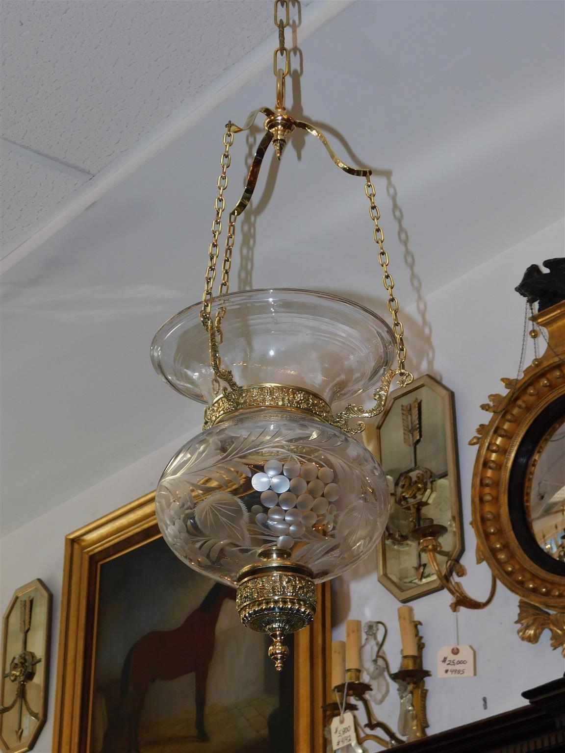 Cast American Brass & Etched Floral Glass Globe Hanging Bell Jar Hall Lantern, C 1800 For Sale