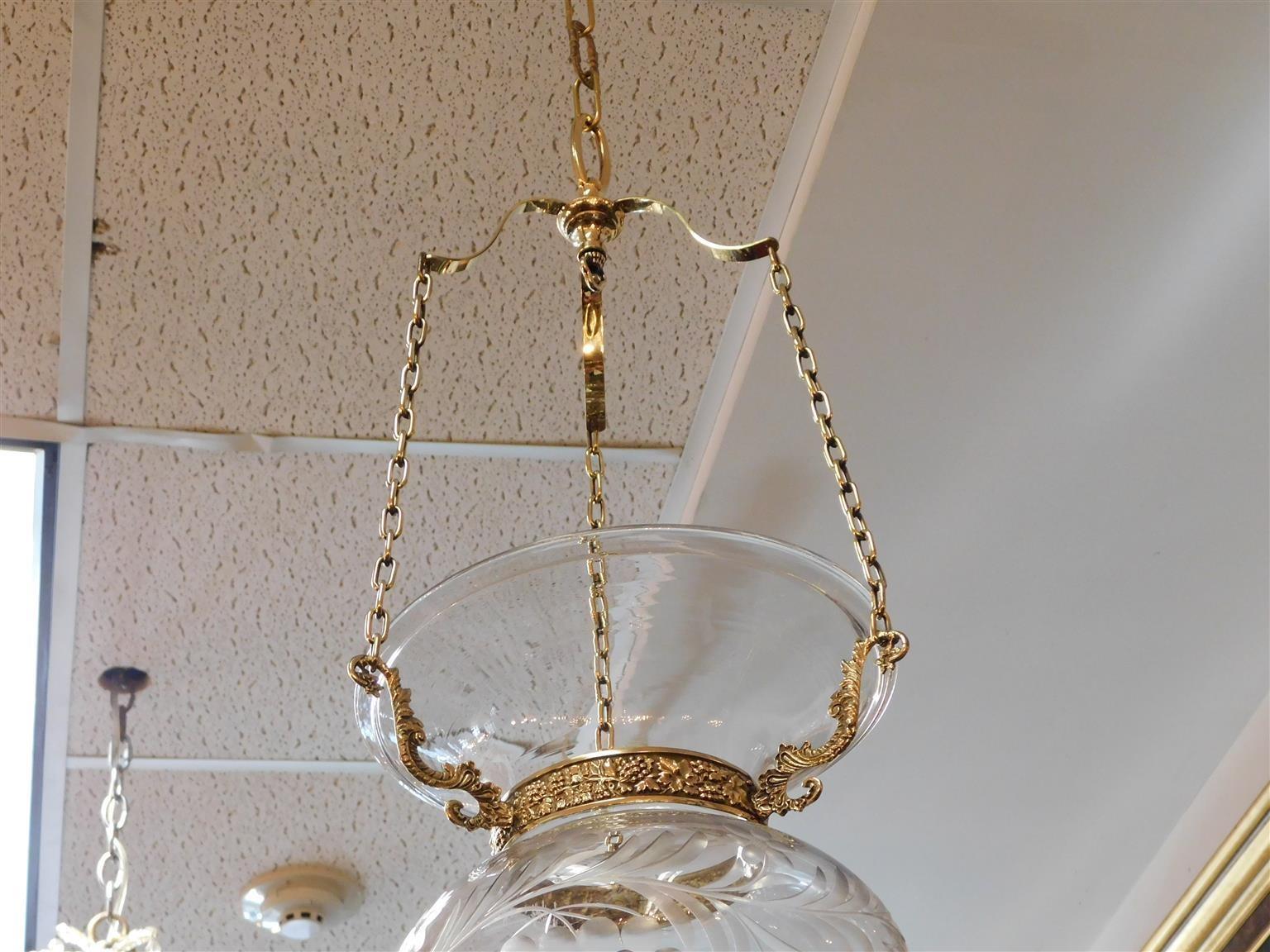 Early 19th Century American Brass & Etched Floral Glass Globe Hanging Bell Jar Hall Lantern, C 1800 For Sale