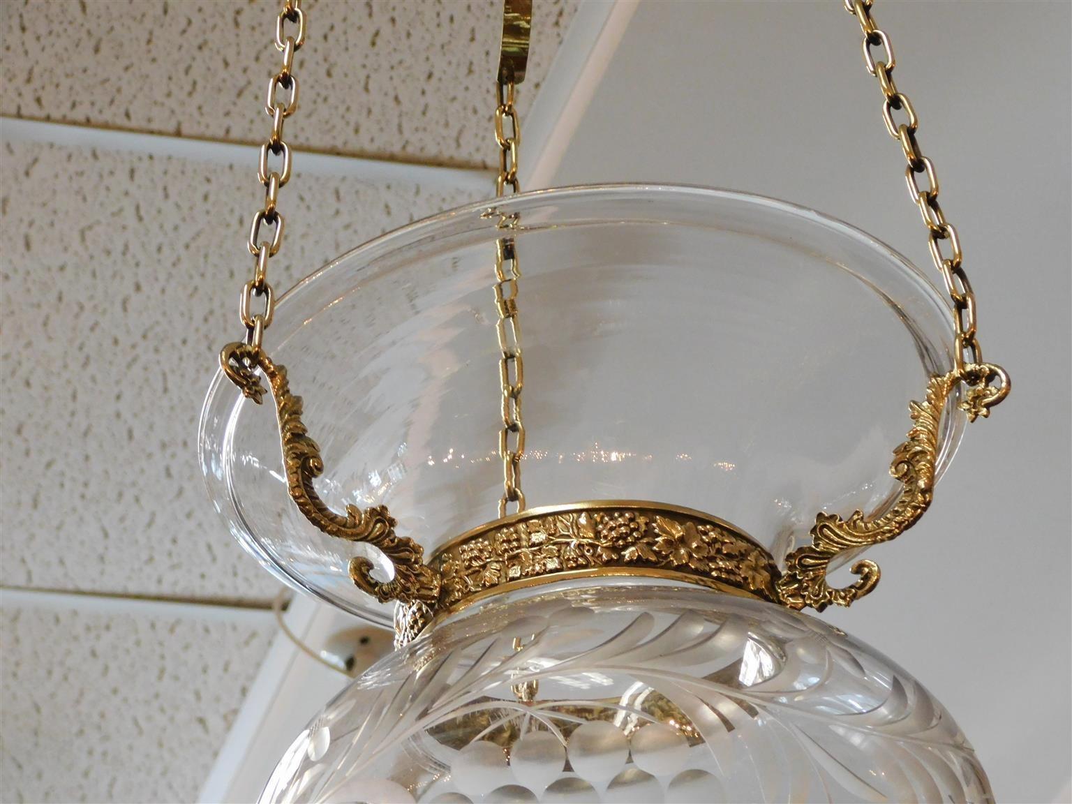 American Brass & Etched Floral Glass Globe Hanging Bell Jar Hall Lantern, C 1800 For Sale 1