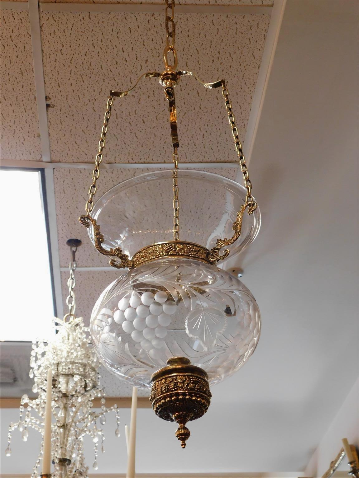 American Brass & Etched Floral Glass Globe Hanging Bell Jar Hall Lantern, C 1800 For Sale 2