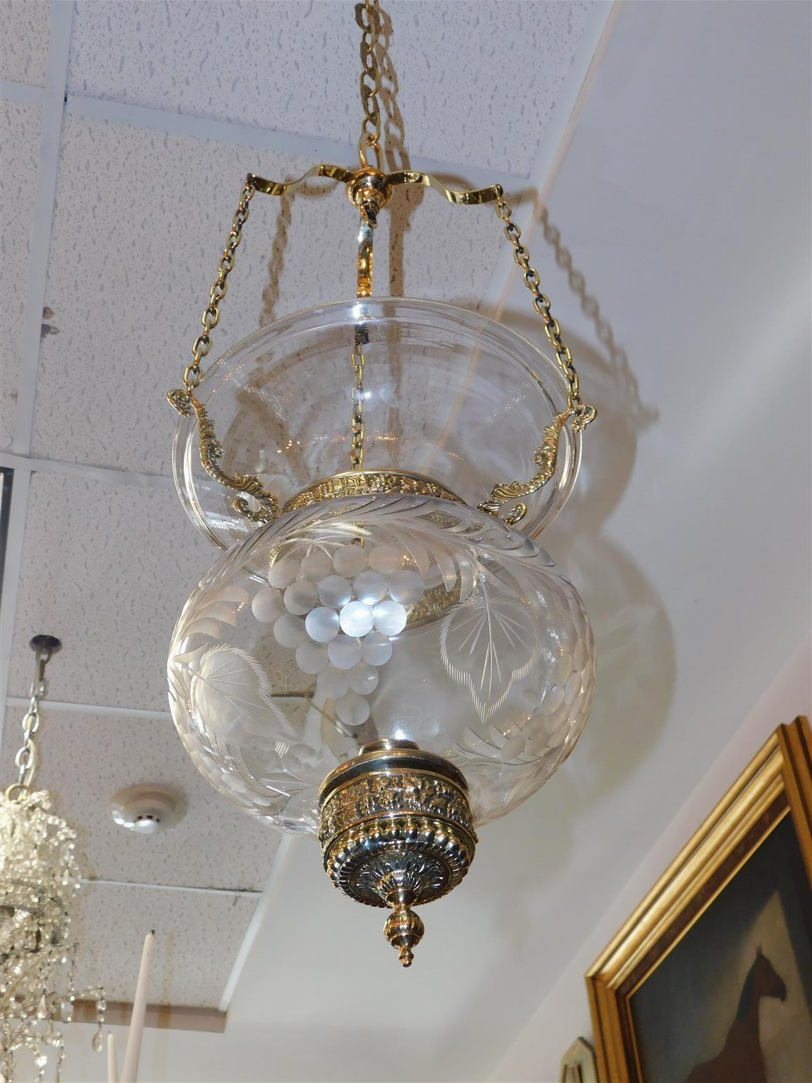 American Brass & Etched Floral Glass Globe Hanging Bell Jar Hall Lantern, C 1800 For Sale 3