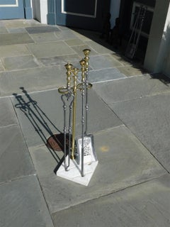 American Brass Finial & Polished Steel Fire Place Tools on Marble Stand, C. 1810