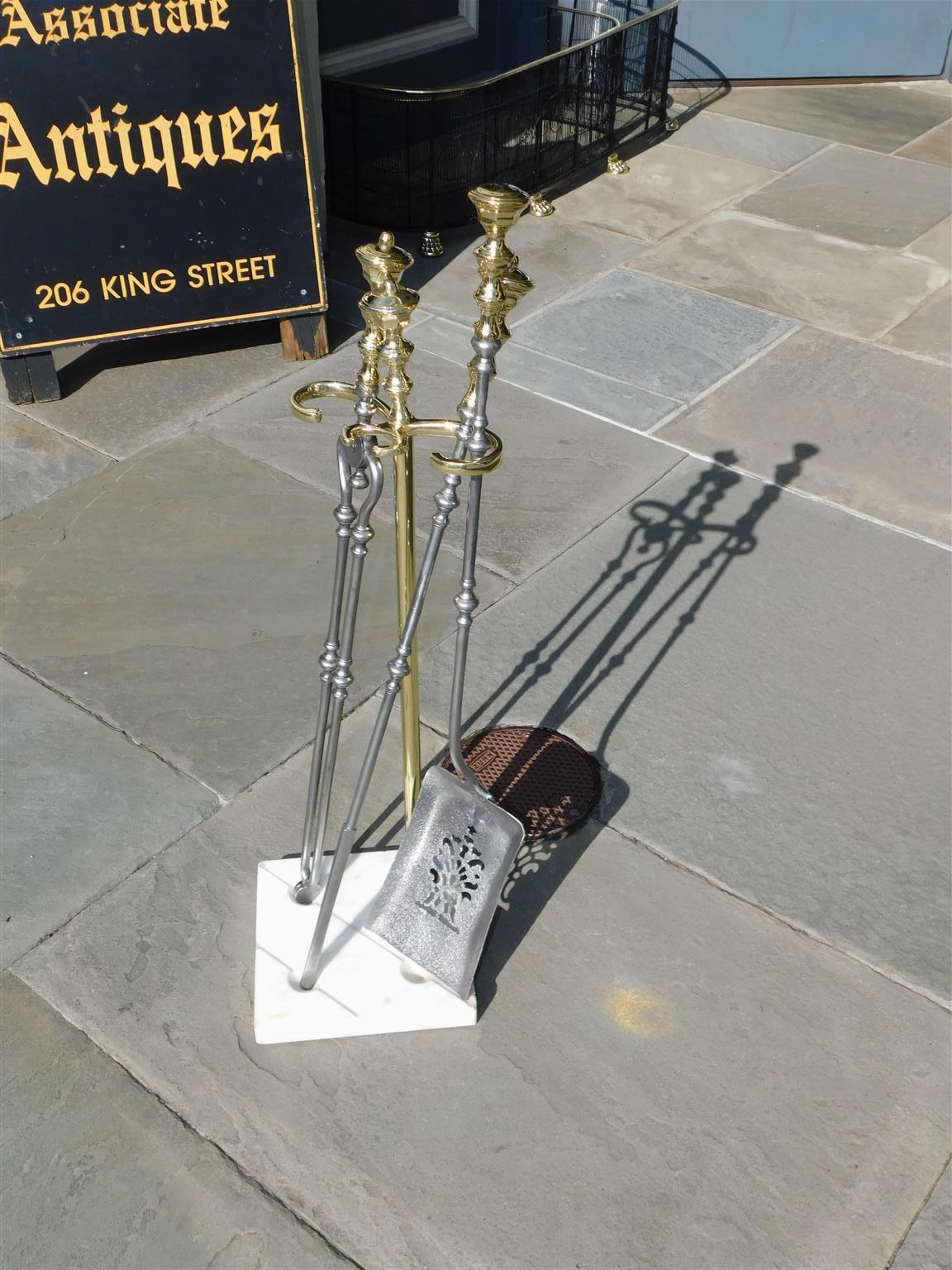 American Empire American Brass Finial & Polished Steel Fire Place Tools on Marble Stand, C. 1810 For Sale