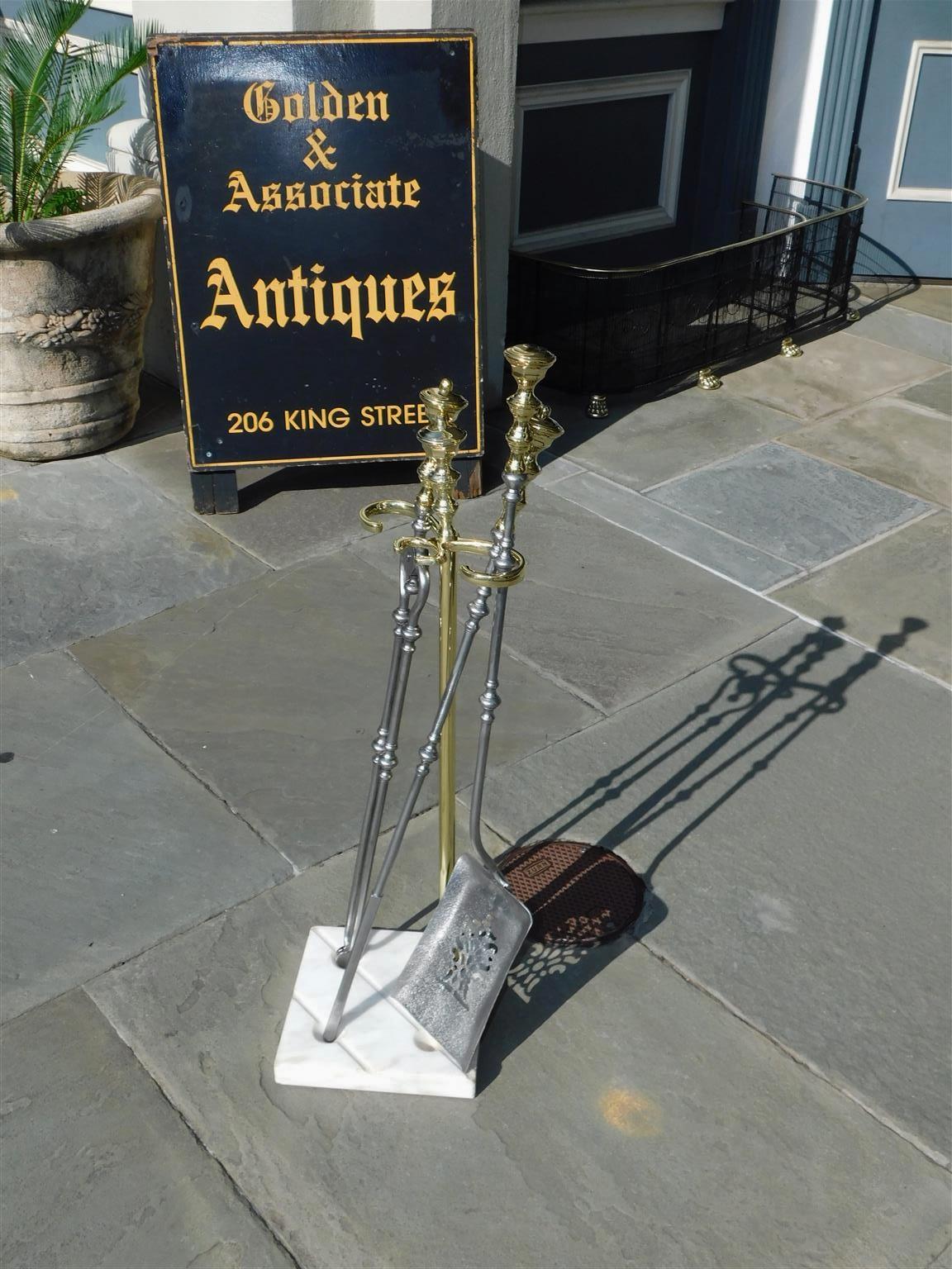 Hand-Carved American Brass Finial & Polished Steel Fire Place Tools on Marble Stand, C. 1810 For Sale