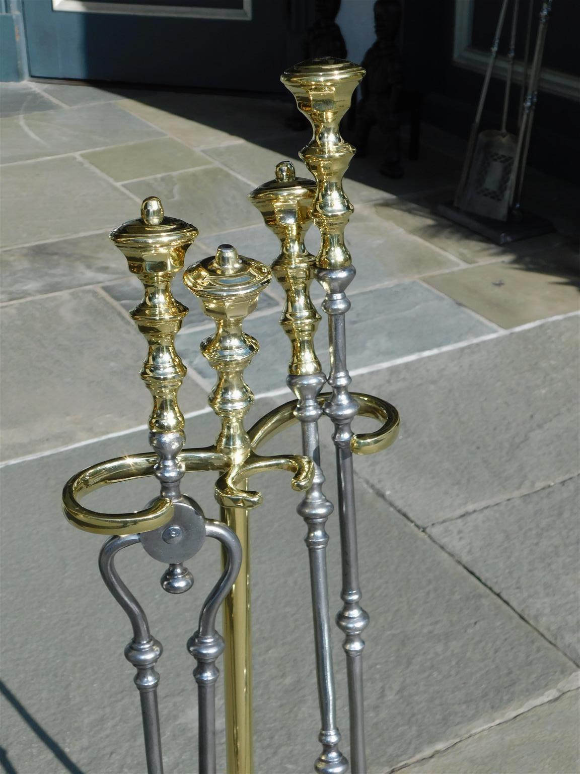 American Brass Finial & Polished Steel Fire Place Tools on Marble Stand, C. 1810 In Excellent Condition For Sale In Hollywood, SC