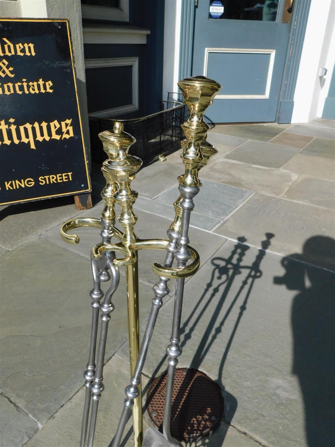 Early 19th Century American Brass Finial & Polished Steel Fire Place Tools on Marble Stand, C. 1810 For Sale