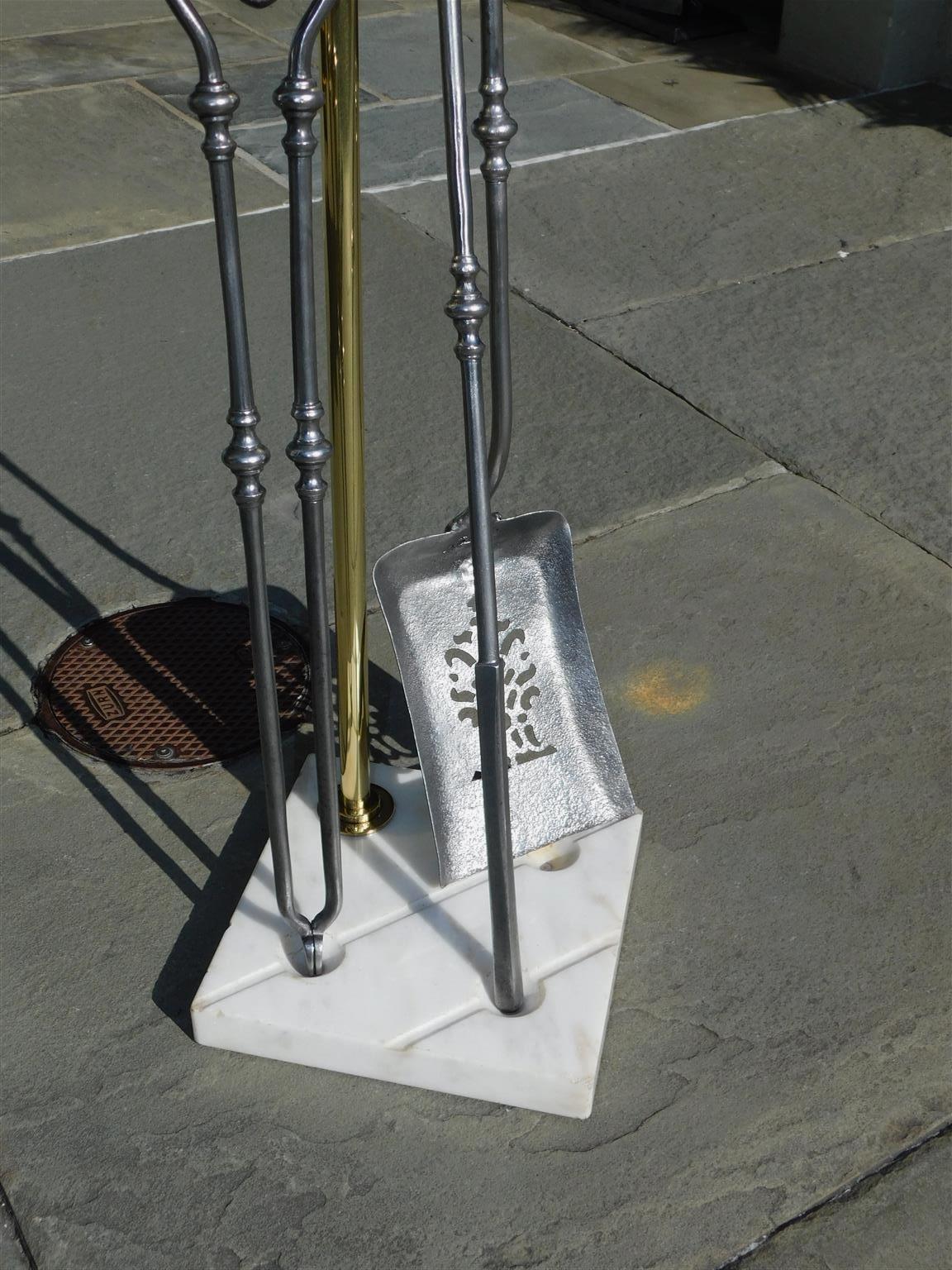 American Brass Finial & Polished Steel Fire Place Tools on Marble Stand, C. 1810 For Sale 1