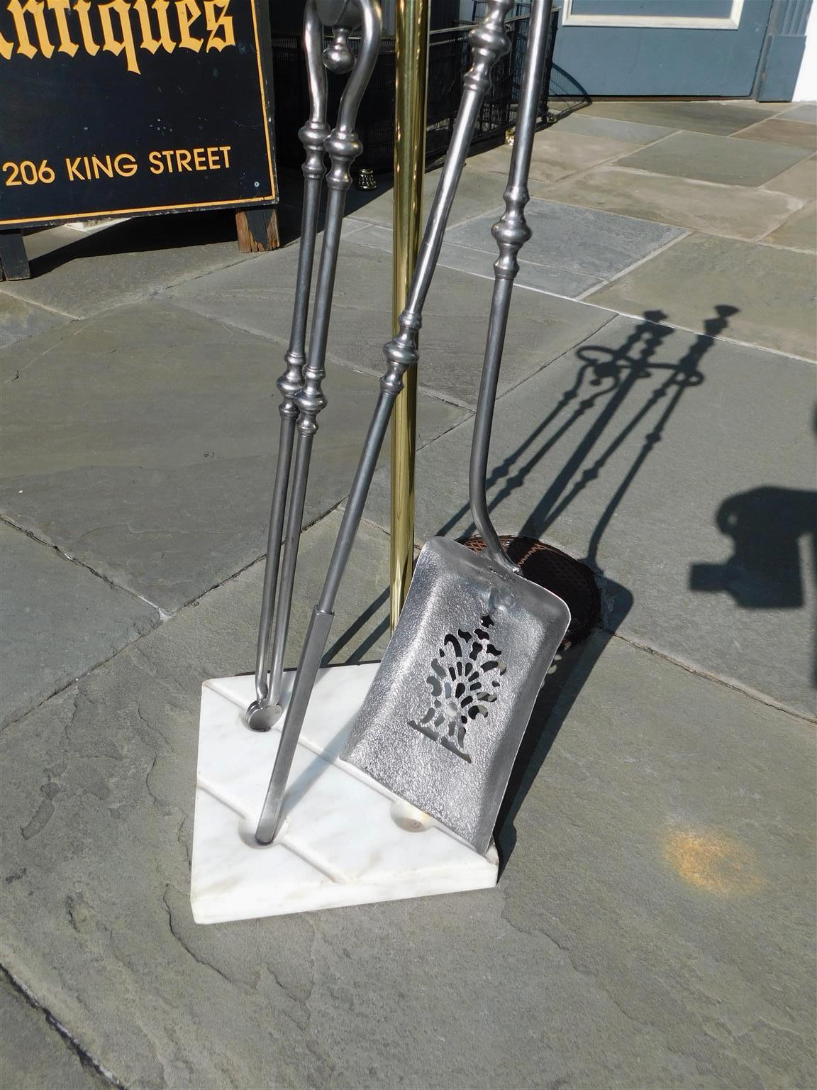 American Brass Finial & Polished Steel Fire Place Tools on Marble Stand, C. 1810 For Sale 2