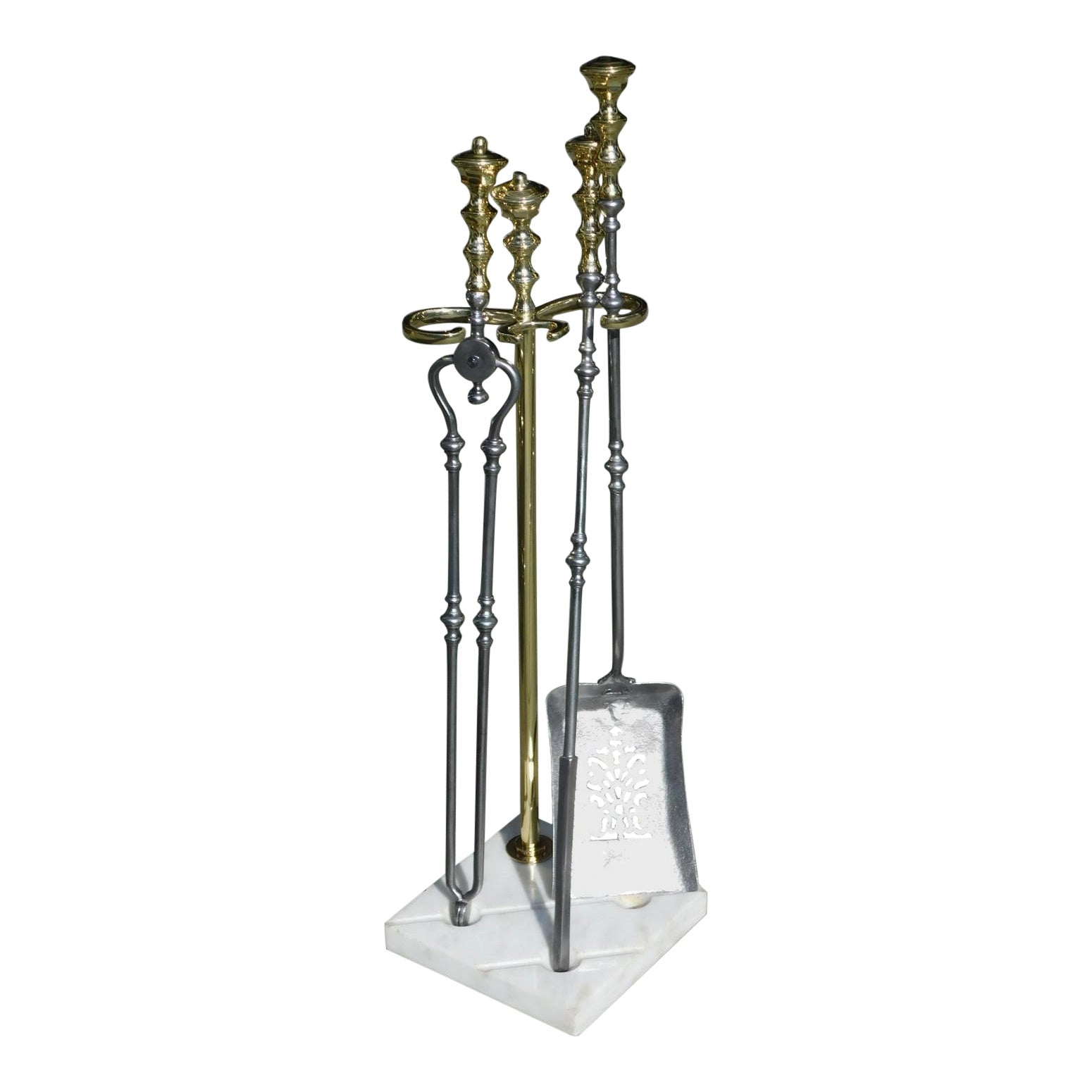 American Brass Finial & Polished Steel Fire Place Tools on Marble Stand, C. 1810