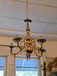 American Brass Five Arm Bulbous Chandelier with Cock Keys, Orig. Gas. Circa 1840