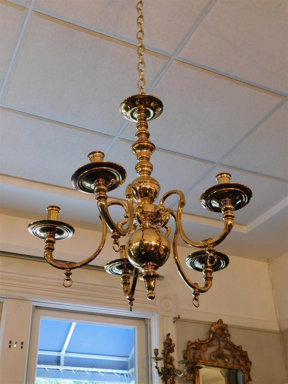American Empire American Brass Five Arm Bulbous Chandelier with Cock Keys, Orig. Gas. Circa 1840 For Sale