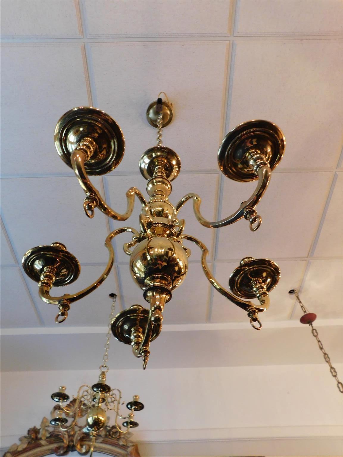 American Brass Five Arm Bulbous Chandelier with Cock Keys, Orig. Gas. Circa 1840 For Sale 1