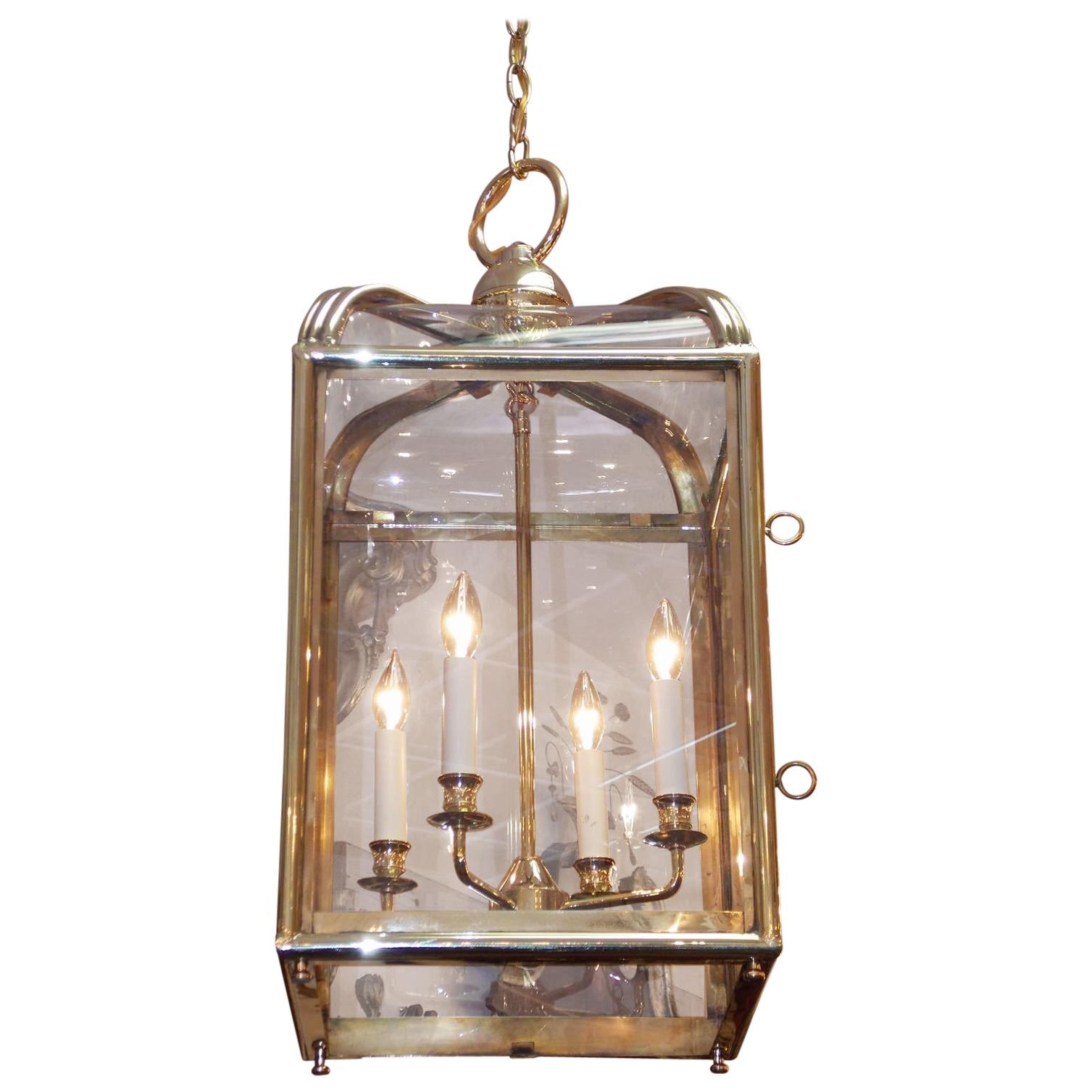 American Brass Glass Dome Hanging Lantern with Interior Light Cluster, C. 1870 For Sale