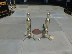 American Brass Lemon Finial Andirons with Spur Legs and Ball Feet, NY C. 1790