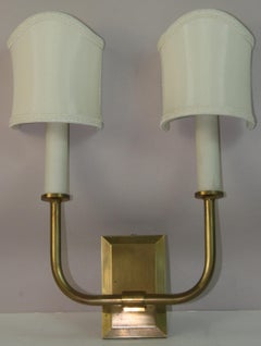American  Modernist Brass Sconces With Italian Half Shades a Pair
