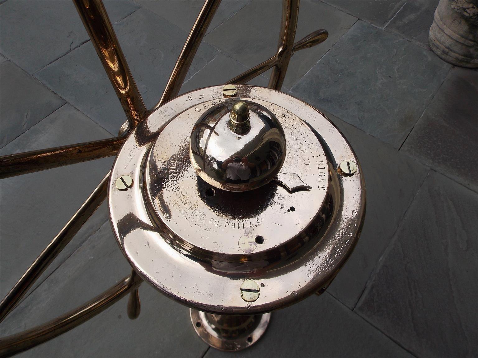 American Brass Nautical Ship Wheel Mounted on Brass Geared Pedestal, Circa 1870 4