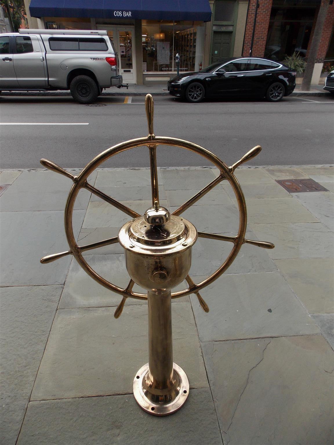 Late 19th Century American Brass Nautical Ship Wheel Mounted on Brass Geared Pedestal, Circa 1870