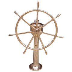 Antique American Brass Nautical Ship Wheel Mounted on Brass Geared Pedestal, Circa 1870