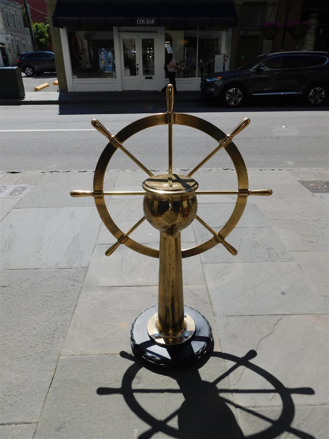 American Brass Nautical Ship Wheel Mounted on Geared Pedestal w/ Rope Base 1890 For Sale 2
